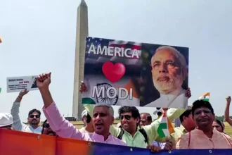 People celebrating Modi 's Historic US Visit