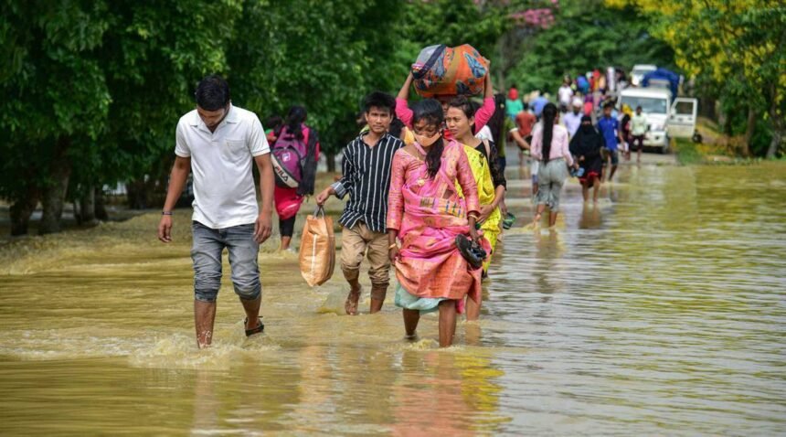 People walking in flood