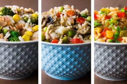 A bowl of quinoa, cauliflower rice, and barley on a wooden table as rice substitutes