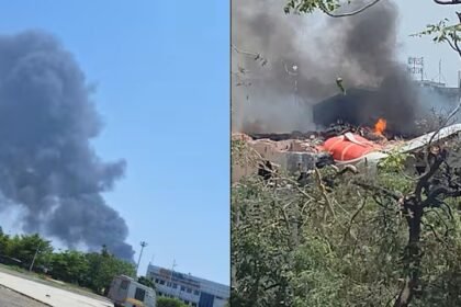 Air India flight crash site near Ahmedabad airport showing wreckage