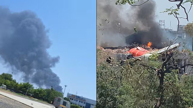 Air India flight crash site near Ahmedabad airport showing wreckage