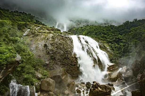 Misty hills and waterfalls in Meghalaya during monsoon