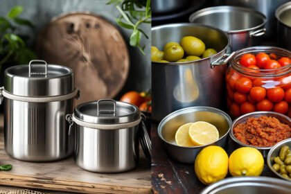 Pickles, curd, and tomato curry placed beside a steel container, highlighting common foods that react badly with stainless steel.