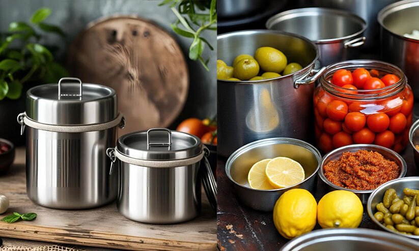 Pickles, curd, and tomato curry placed beside a steel container, highlighting common foods that react badly with stainless steel.
