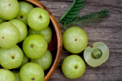 A glass of fresh amla juice with Indian gooseberries on a wooden table