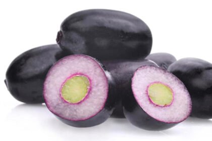 Bowl of jamun seed powder with a spoon