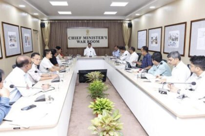 Tripura Chief Minister Manik Saha addressing DMs in a statewide review meeting