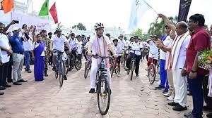 Participants riding bicycles during Fit India Cycling Event in Agartala