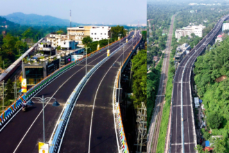 Aerial view of Assam’s longest flyover connecting Dighalipukhuri and Noonmati in Guwahati to improve connectivity.
