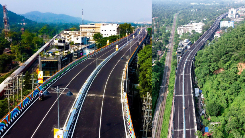 Aerial view of Assam’s longest flyover connecting Dighalipukhuri and Noonmati in Guwahati to improve connectivity.