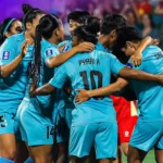 Players from Manipur celebrating during a match for the India women’s national football team.