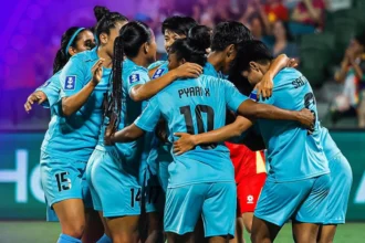 Players from Manipur celebrating during a match for the India women’s national football team.