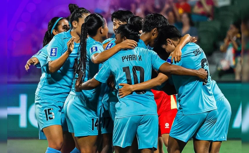 Players from Manipur celebrating during a match for the India women’s national football team.