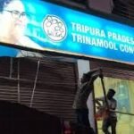 Vandalized office of the All India Trinamool Congress in Agartala after clashes between supporters of the TMC and the Bharatiya Janata Party.