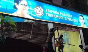 Vandalized office of the All India Trinamool Congress in Agartala after clashes between supporters of the TMC and the Bharatiya Janata Party.