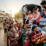 Displaced families receiving relief grant at Bhagat Singh Youth Hostel in Agartala