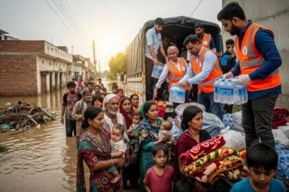Displaced families receiving relief grant at Bhagat Singh Youth Hostel in Agartala