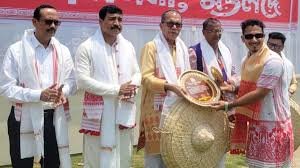 Artists performing Rongali Bihu dance while paying tribute to Zubeen Garg during festival celebrations in Assam