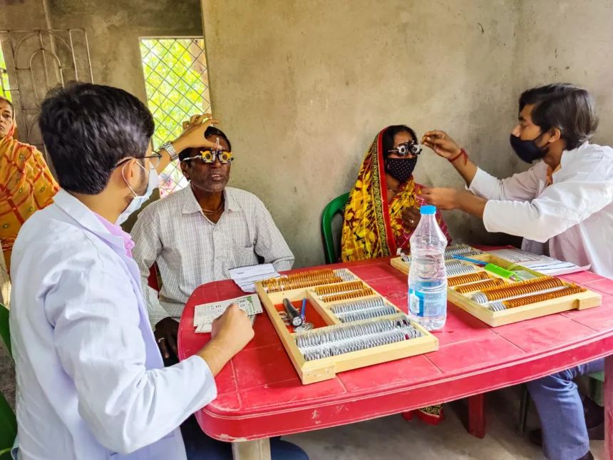 Doctors conducting affordable healthcare check-ups at a rural medical camp organized by Kolkata hospitals