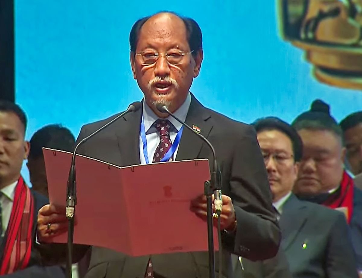 Nagaland Chief Minister Neiphiu Rio speaking during political event linked to West Bengal government formation