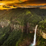 Tourists visiting scenic landscapes and waterfalls in Shillong and Cherrapunji during Meghalaya tourism season
