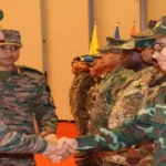 Military personnel participating in PRAGATI 2026 joint exercise at Umroi Meghalaya showcasing defence equipment