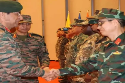 Military personnel participating in PRAGATI 2026 joint exercise at Umroi Meghalaya showcasing defence equipment