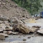 Landslip debris blocking National Highway 10 in Sikkim during heavy monsoon rainfall