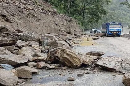 Landslip debris blocking National Highway 10 in Sikkim during heavy monsoon rainfall