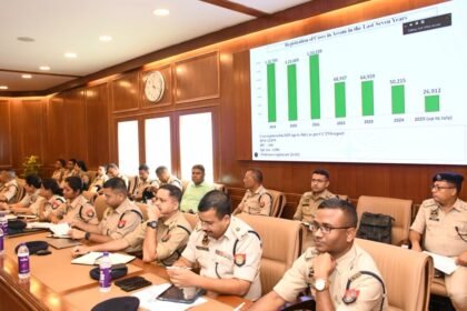 Assam Police officers reviewing criminal investigation records during statewide crime review meeting