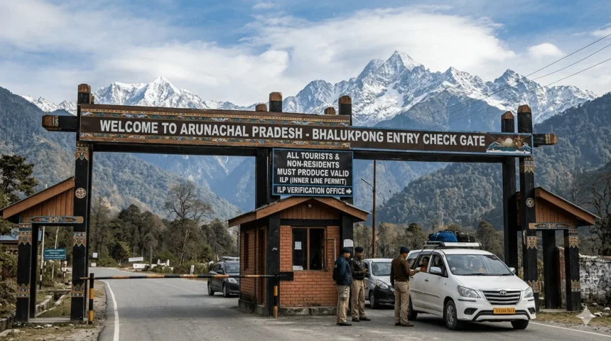 Security personnel conducting document verification during an Inner Line Permit enforcement drive in Arunachal Pradesh