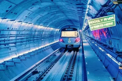 Modern Kolkata Metro train operating inside underwater tunnel beneath the Hooghly River during Green Line commercial services