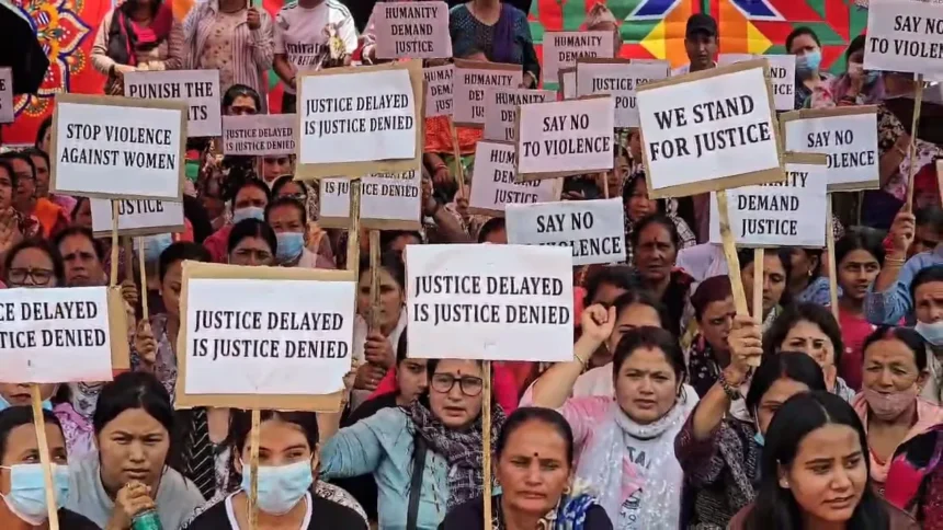 Women participating in peaceful sit-in demonstration in Kangpokpi demanding accountability and justice.