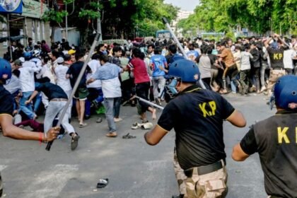 Kolkata Police personnel conducting investigation and security operations in Park Circus after violent protest