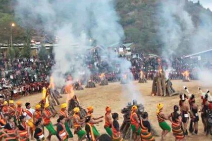 Traditional tribal artisans displaying handcrafted products and cultural performances during the Hornbill Festival in Nagaland