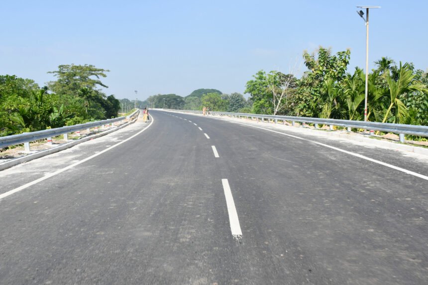 Road construction work underway in Assam under the Asom Mala 2.0 infrastructure development project