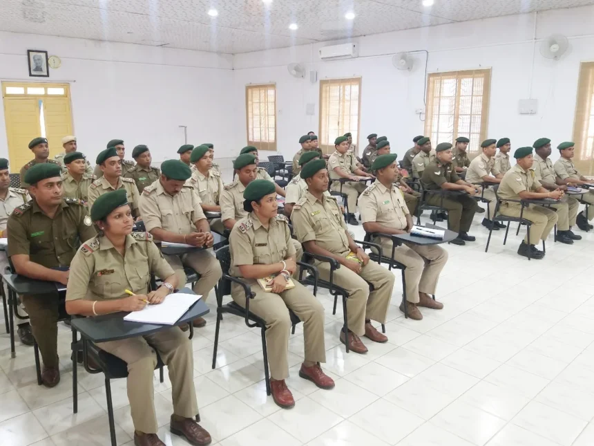 Forest guards receiving tactical training with security forces to combat illegal timber smuggling in Tripura forest areas