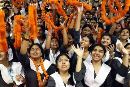 Female students celebrate successful WBCHSE Higher Secondary examination results in West Bengal