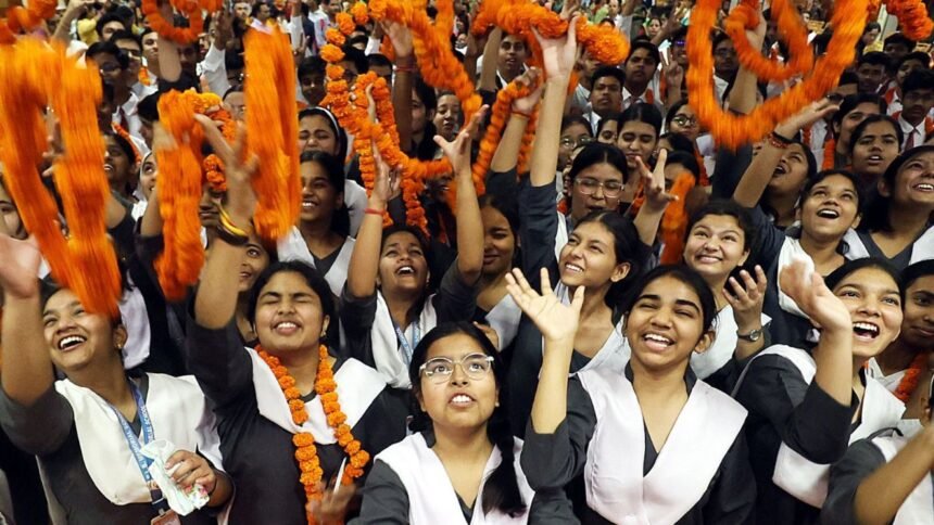Female students celebrate successful WBCHSE Higher Secondary examination results in West Bengal