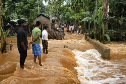 Flooded villages and submerged roads in Assam after severe early monsoon rainfall