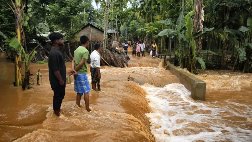 Flooded villages and submerged roads in Assam after severe early monsoon rainfall