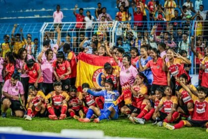 East Bengal women’s football team celebrating IWL 2025–26 championship victory in Kolkata