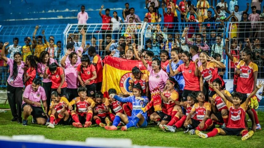 East Bengal women’s football team celebrating IWL 2025–26 championship victory in Kolkata
