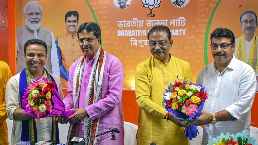 BJP supporters celebrate after Jahar Chakraborty's victory in the Dharmanagar Assembly bypoll