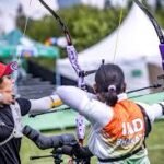 Indian women’s recurve archery team celebrating victory over South Korea in Shanghai