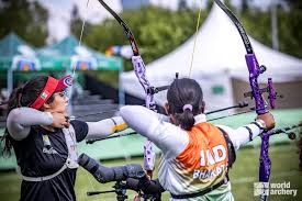 Indian women’s recurve archery team celebrating victory over South Korea in Shanghai