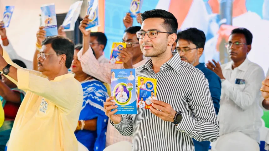 Abhishek Banerjee addressing party workers while reaffirming continued political engagement