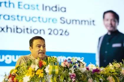Union Minister Nitin Gadkari addressing a gathering while announcing the ₹90,000 crore highway infrastructure allocation for connectivity projects across the Northeastern states.