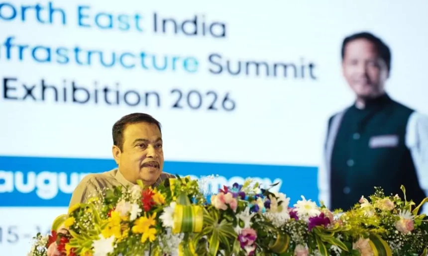 Union Minister Nitin Gadkari addressing a gathering while announcing the ₹90,000 crore highway infrastructure allocation for connectivity projects across the Northeastern states.