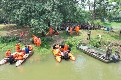 Senior disaster management officials in a high-level meeting reviewing rescue equipment, relief plans, and emergency response strategies ahead of the monsoon season in Tripura.